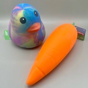 SUNNY DAYS 2 Piece Jumbo Combo Squishy Toys Blue Tie Dye Duck + Orange Carrot 🐣🥕